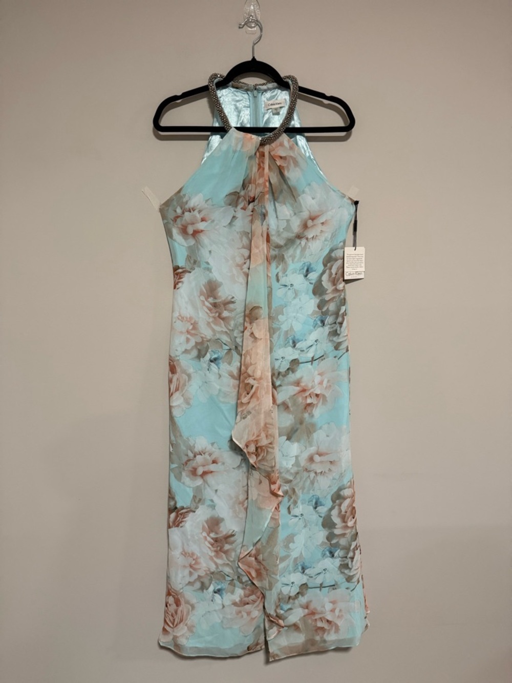 Calvin Klein Aqua Floral Halter Maxi Dress Size 10 NWT Wedding Party Cruise